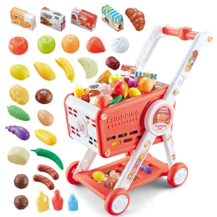 Einkaufswagen für Kinder, 31PCS Supermarkt Einkaufswagen Spielzeug mit Obst Gemüse Kaufladen Zubehör