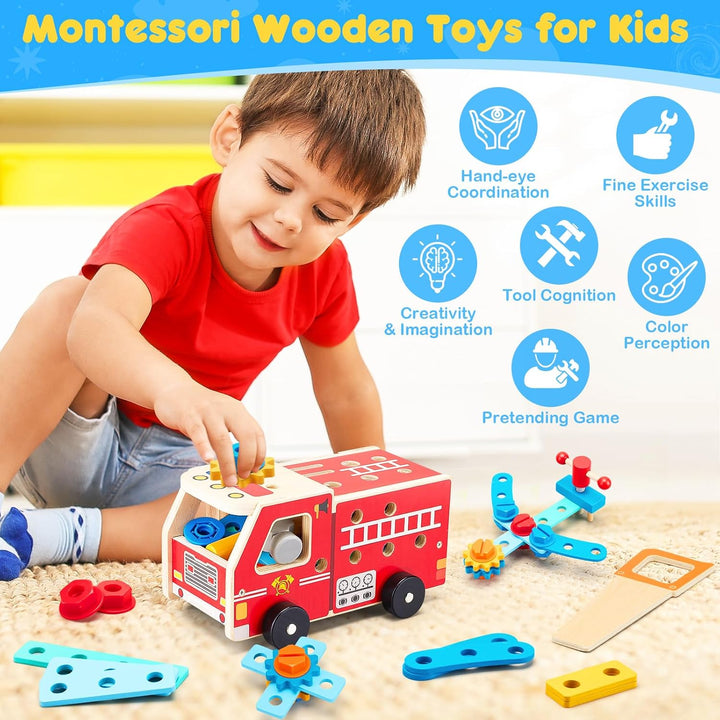 Werkzeugkoffer Kinder Werkbank, Montessori Holzspielzeug Spielzeug ab 2 3 4 5 Jahre, 2 in 1 Feuerweh