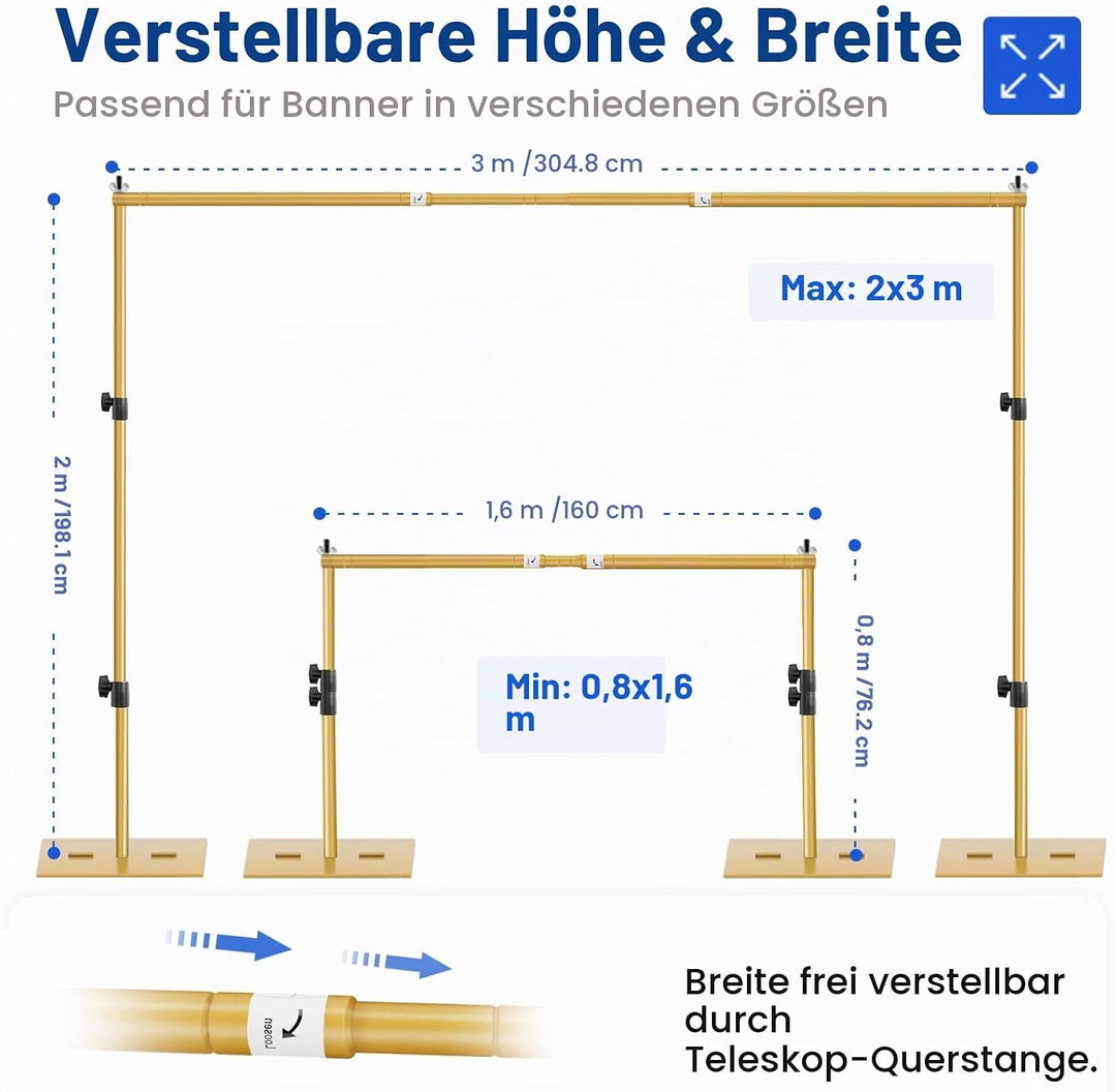 EMART Goldener Foto Hintergrund Ständer mit Stahlsockel, 2mx3m Verstellbarer Hintergrundständer Kit