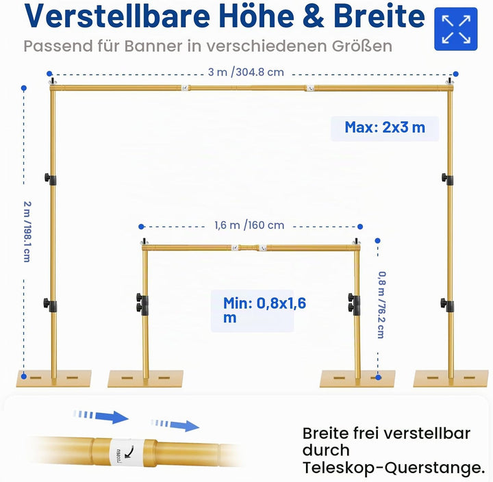 EMART Goldener Foto Hintergrund Ständer mit Stahlsockel, 2mx3m Verstellbarer Hintergrundständer Kit