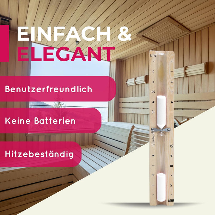 Suleno® Sauna Sanduhr 5-15 Minuten – Hitzebeständiger Zeitmesser aus Holz, Glaszylinder mit weissem