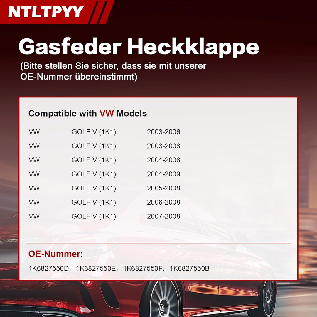 2pcs Gasdruckfeder kompatibel mit VW Golf V 2003-2009, Exakte 535N Heckklappendämpfer für sanftes Öf