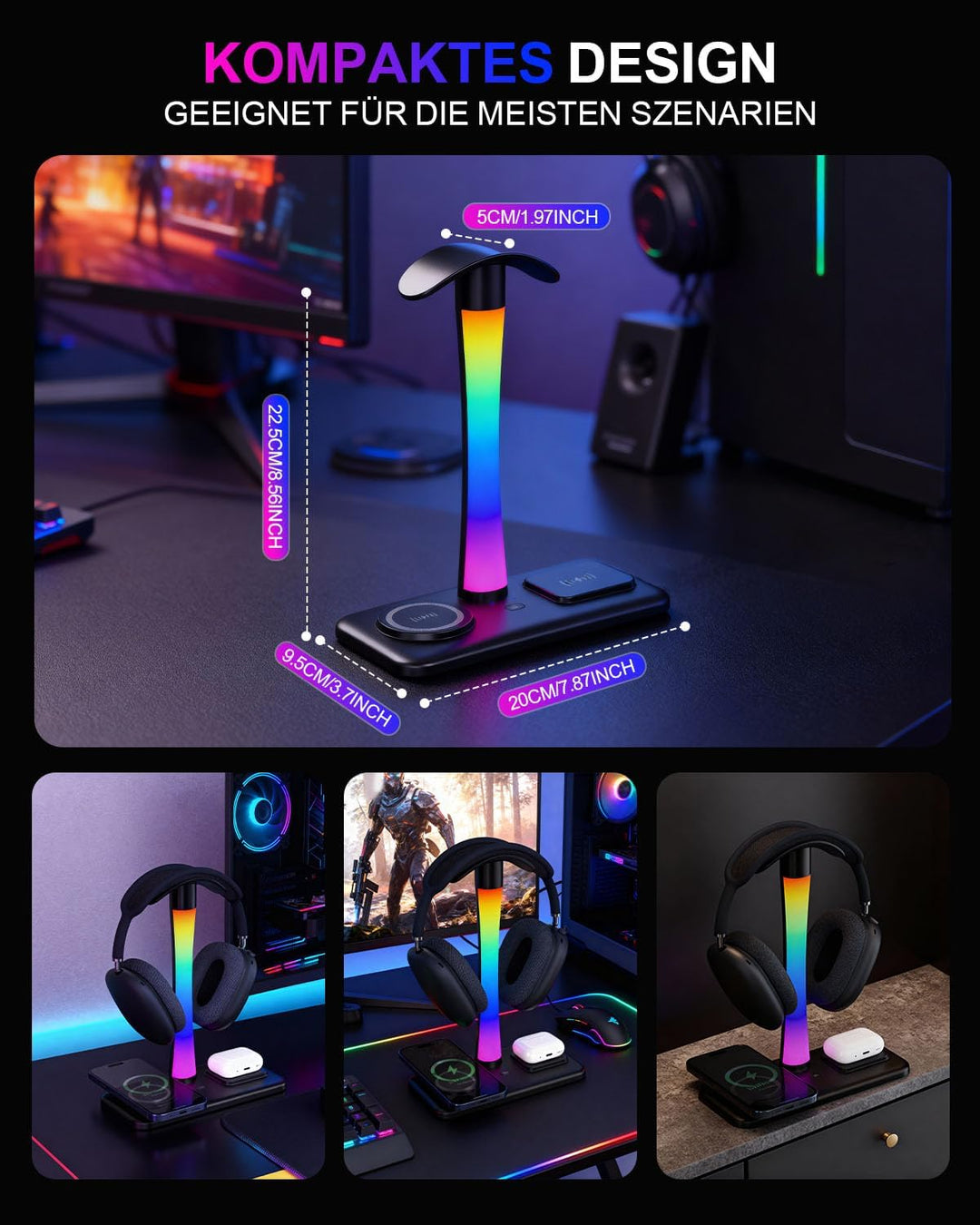 3 in 1 RGB Gaming Kopfhörerständer mit 15W kabellosem Ladegerät Wireless Charging, Headset Halterung