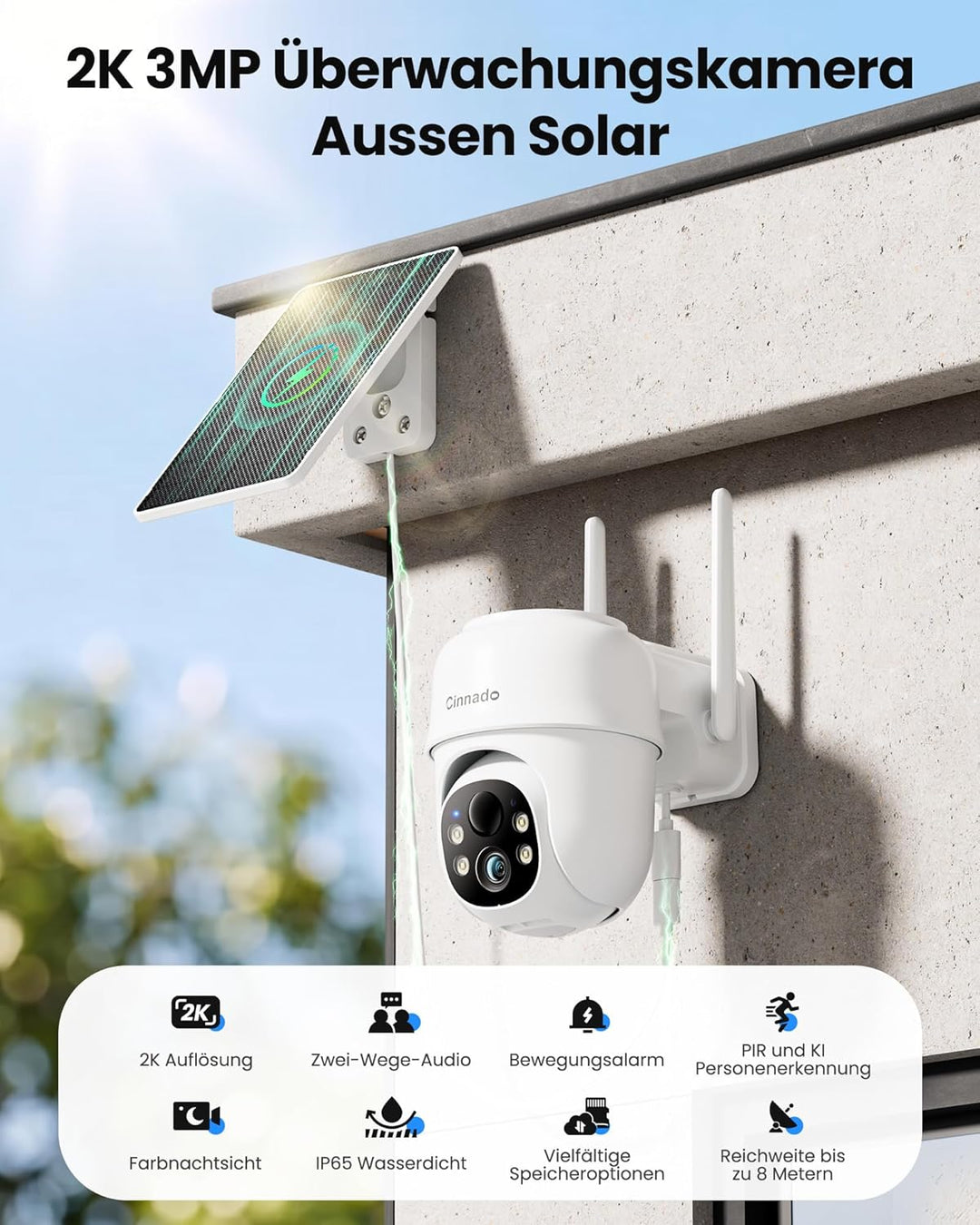 Cinnado Überwachungskamera Aussen Akku Solar - 2K Kabellos Kamera Überwachung Aussen, 360° PTZ 2,4 G