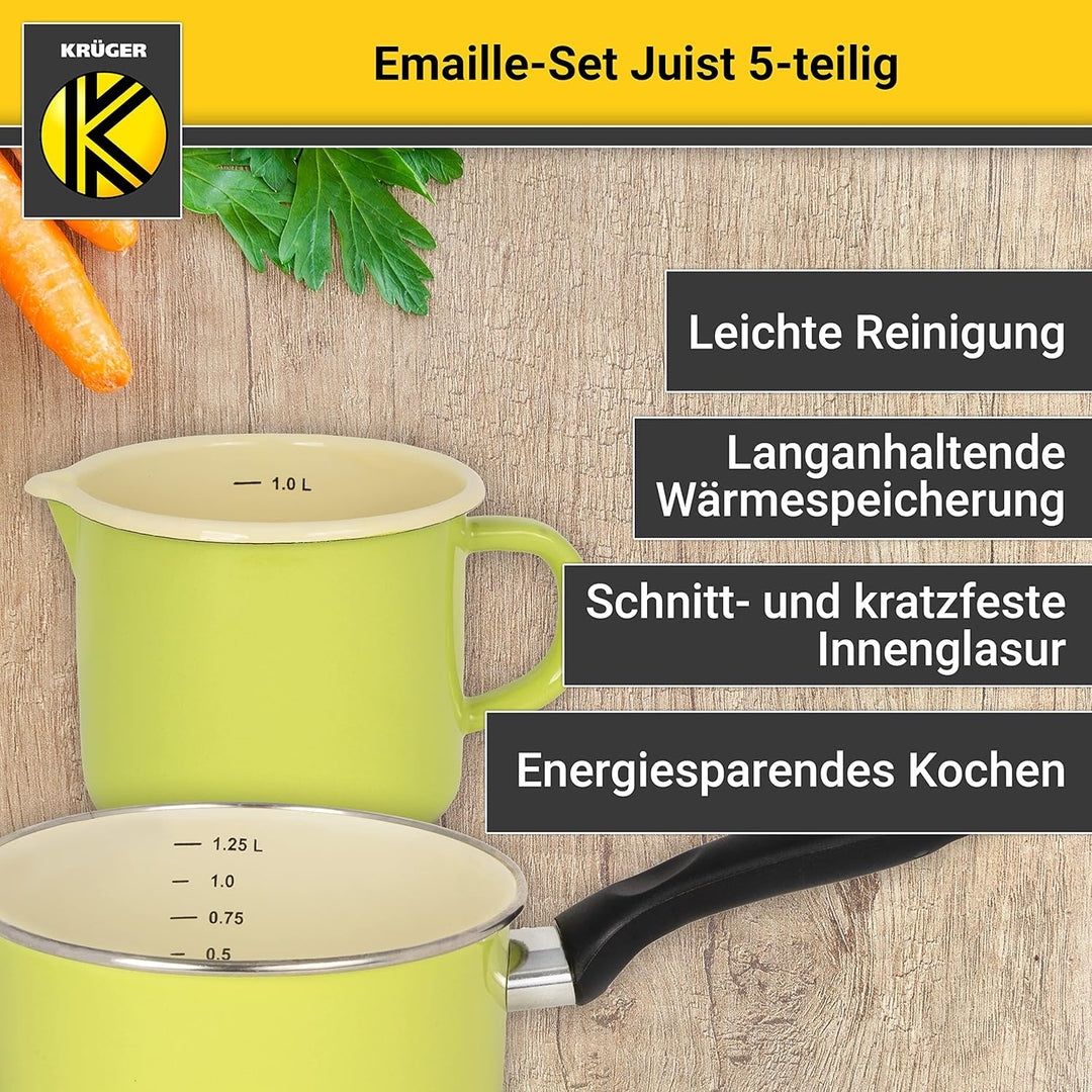 KRÜGER Emaille-Set Juist 5 teilig - Emaille-Topfset aus Fleischtopf, Stieltopf und Milchtopf - Töpfe