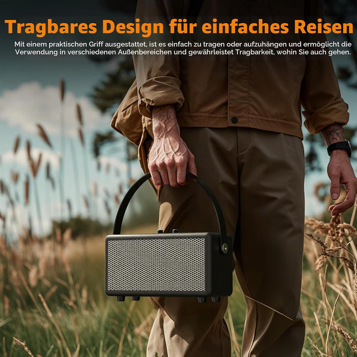 Tragbarer Retro Bluetooth-Lautsprecher mit Ledergriff und Drehregler