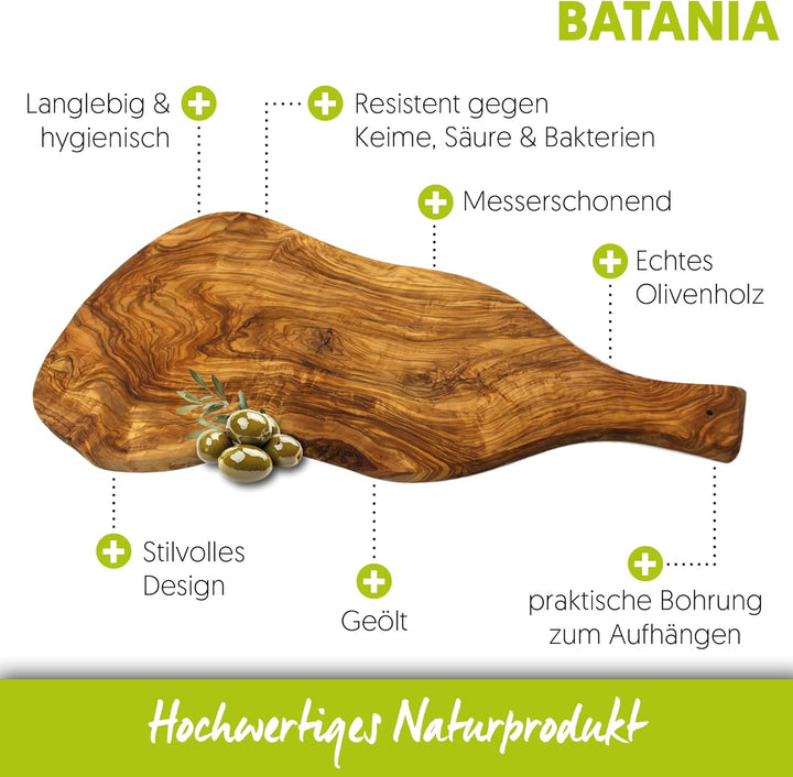 BATANIA Olivenholzbrett, Brotzeitplatte, Holzbrett für Buffet, gross mit Griff | Länge ca. 70 cm, Br