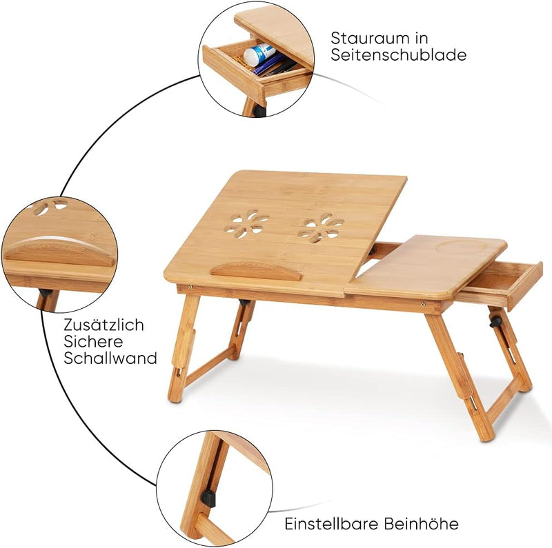 Laptoptisch für Bett, Multifunktion Bambus Beistelltisch Höhenverstellbar Betttisch Computertisch Fr