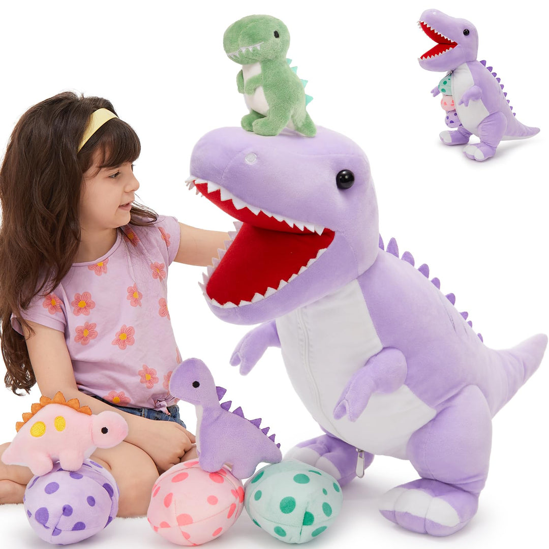 MorisMos 60cm hoch riesen Dino Kuscheltier XXL Lila mit 3 Baby im Bauch, gross Dinosaurier Plüschtie