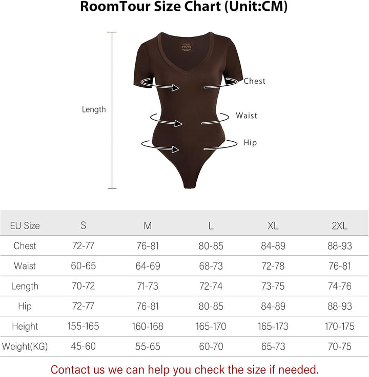 RoomTour Body Damen Elegant Kurz Bodysuit Tops Damenbody for damen Stringbody V Kragen M 1-Braun, M
