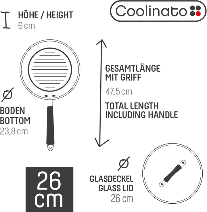 Coolinato Set aus Grillpfanne 26cm mit Glasdeckel, beschichtete Pfanne mit Deckel, Grillplatte rund