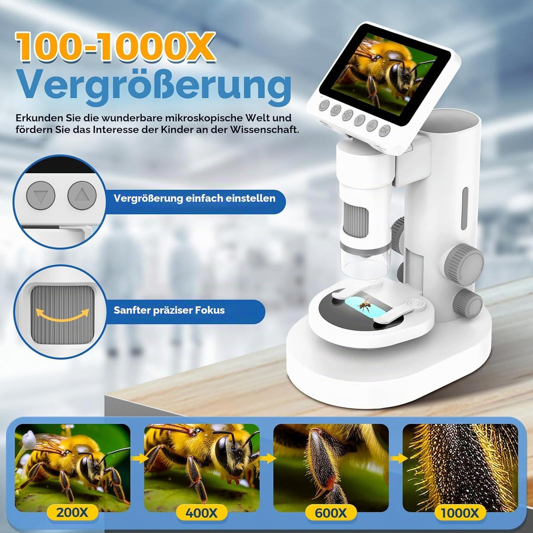 USCAMEL 1000X Digital Mikroskop für Kinder: 4K 3.5" Bildschirm Wiederaufladbar USB Mikroskope Scienc