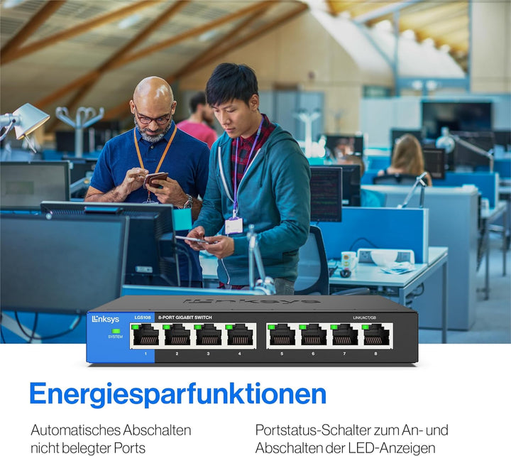 Linksys LGS108-EU 8-Port Unmanaged Gigabit-Netzwerk-Switch – Ethernet-Switch/Hub mit Metallgehäuse,