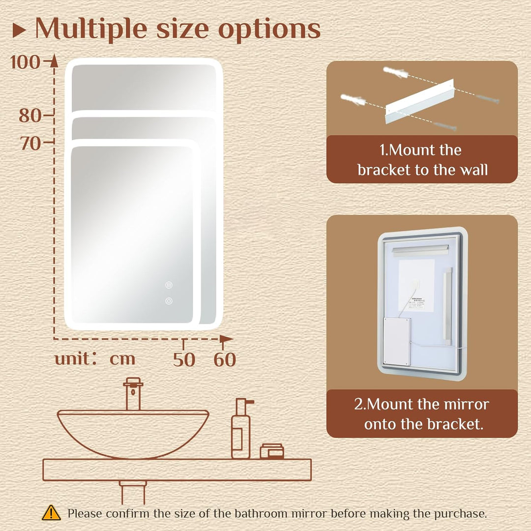 Clevich Badspiegel mit Beleuchtung 80×60 cm, LED Spiegel mit 3 Lichtfarben dimmbar, gehärtetes Glas