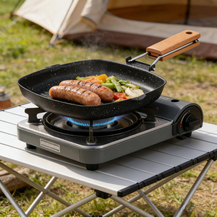 Grillpfanne aus Stahl, Antihaft-Grillpfanne, Bratpfanne für den Aussenbereich, klappbarer Buchengrif
