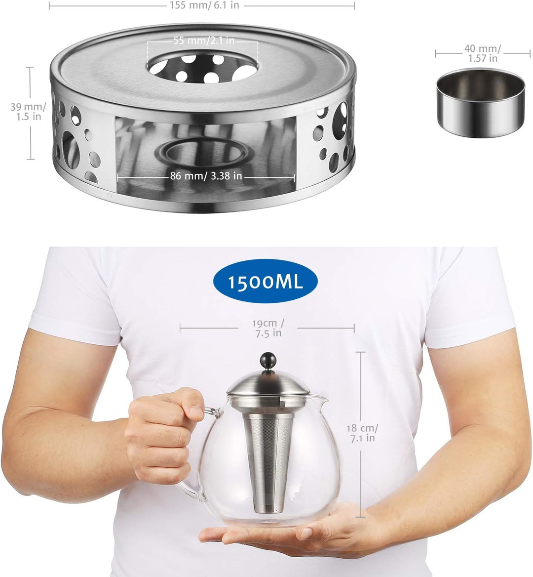 glastal 1500ml Silberne Teekanne mit Stövchen Teebereiter Glas und Edelstahl Teewärmer Teekanne Suit