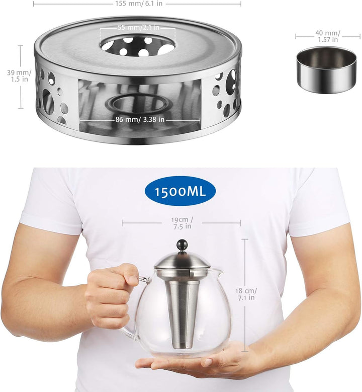 glastal 1500ml Silberne Teekanne mit Stövchen Teebereiter Glas und Edelstahl Teewärmer Teekanne Suit