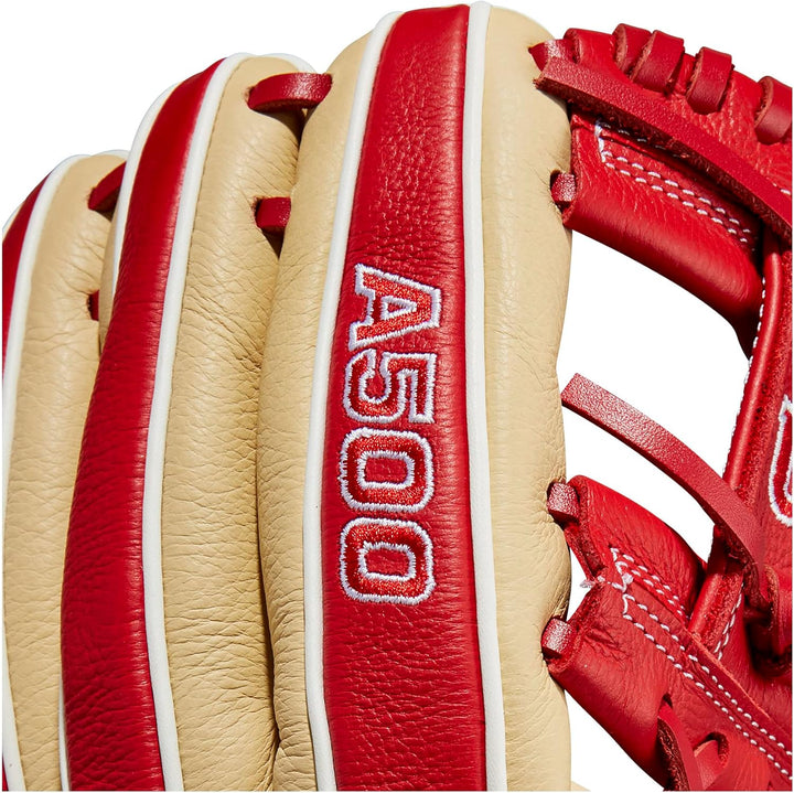 WILSON 2023 A500 Jugend-Baseballhandschuh, Blond/Rot/Weiß 11" Linke Hand Wurf
