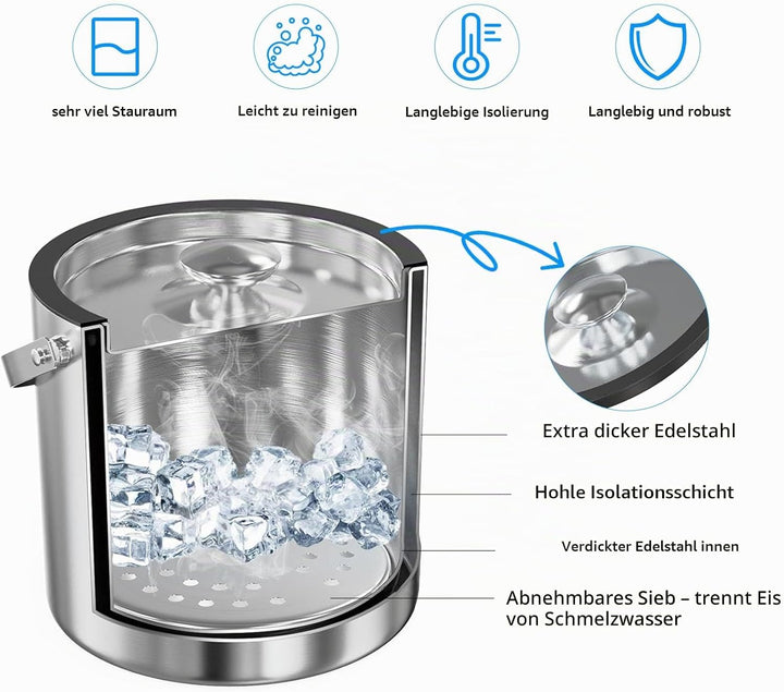 Eiswürfelbehälter Edelstahl, 4L Eiswürfelbehälter mit Deckel, Sieb Und Eiszange, Doppelwandig Isolie