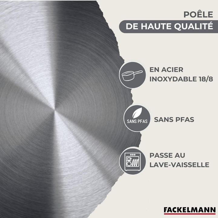 Fackelmann 9445950 Pfannen-Set, 3 Pfannen 20, 24 und 28 cm, aus Edelstahl 18/8, 2 Glasdeckel und 6 K