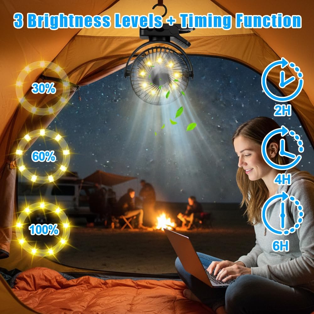 Camping Ventilator, 12000 MAh Mini USB Ventilator Leise mit Fernbedienung & Timerfunktion, 3 Geschwi