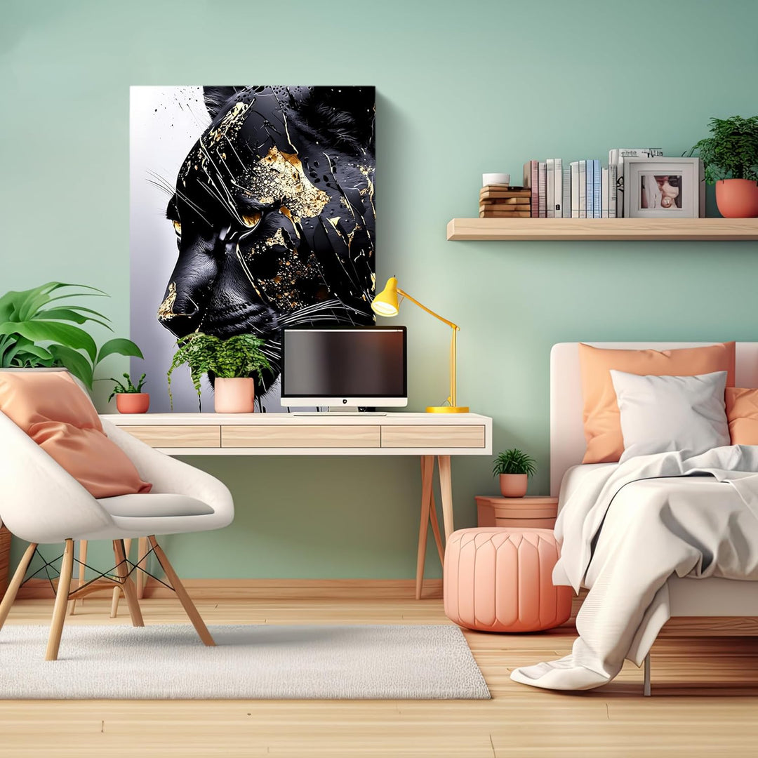 wandmotiv24 Leinwandbild Fantasy, 80x60cm, Hochformat, Panther, Gold, Deko, Bilder auf Leinwand, Wan