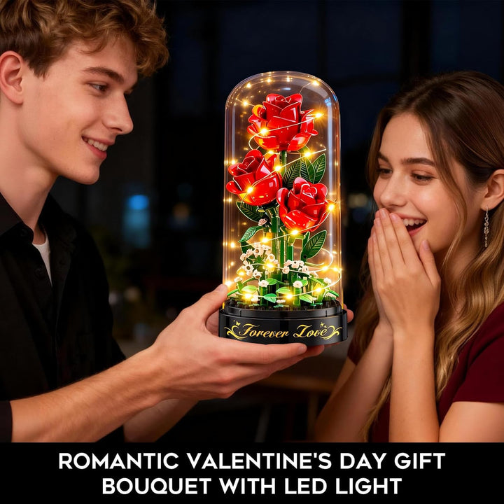 Rosen Blumenstrauss Bauset mit LED Licht – 3,6 MM Rosenstrauss mit Abdeckung Valentinstagsgeschenk f