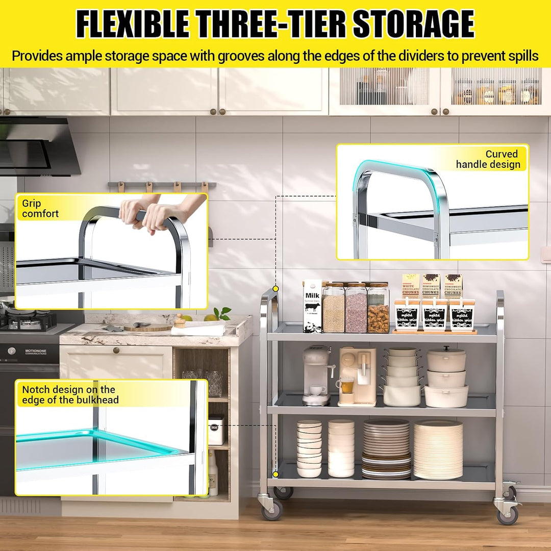 3-stufiger Catering Servierwagen aus Edelstahl, Küchen- und Transportwagen mit Massen 75x40x83,5 cm,