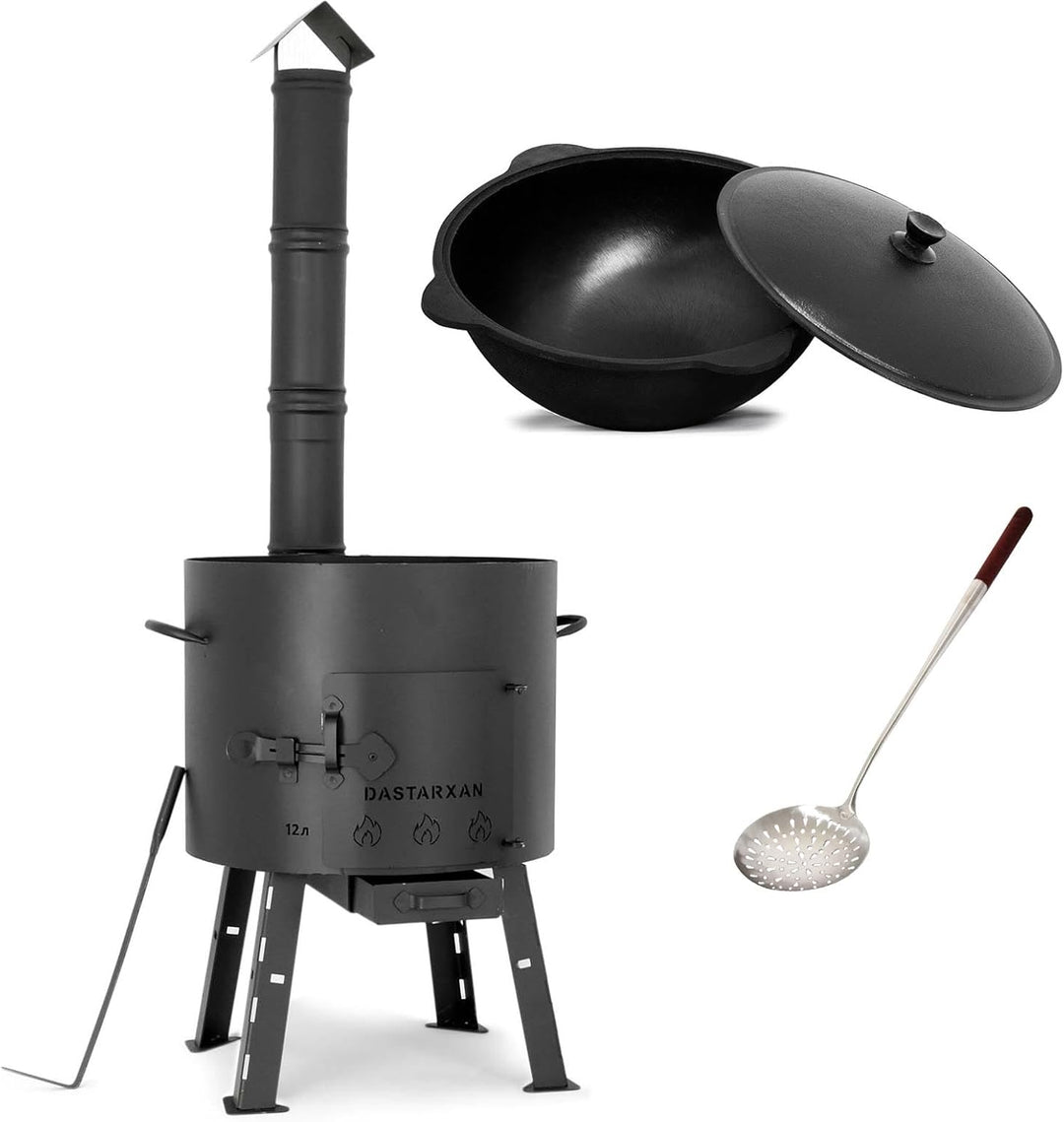 SET Kukmara Utschak mit Abzugs-Rohr, 40cm + 12 Liter Gusseisen Kazan INNEN GLATT + 50cm Schaumlöffel