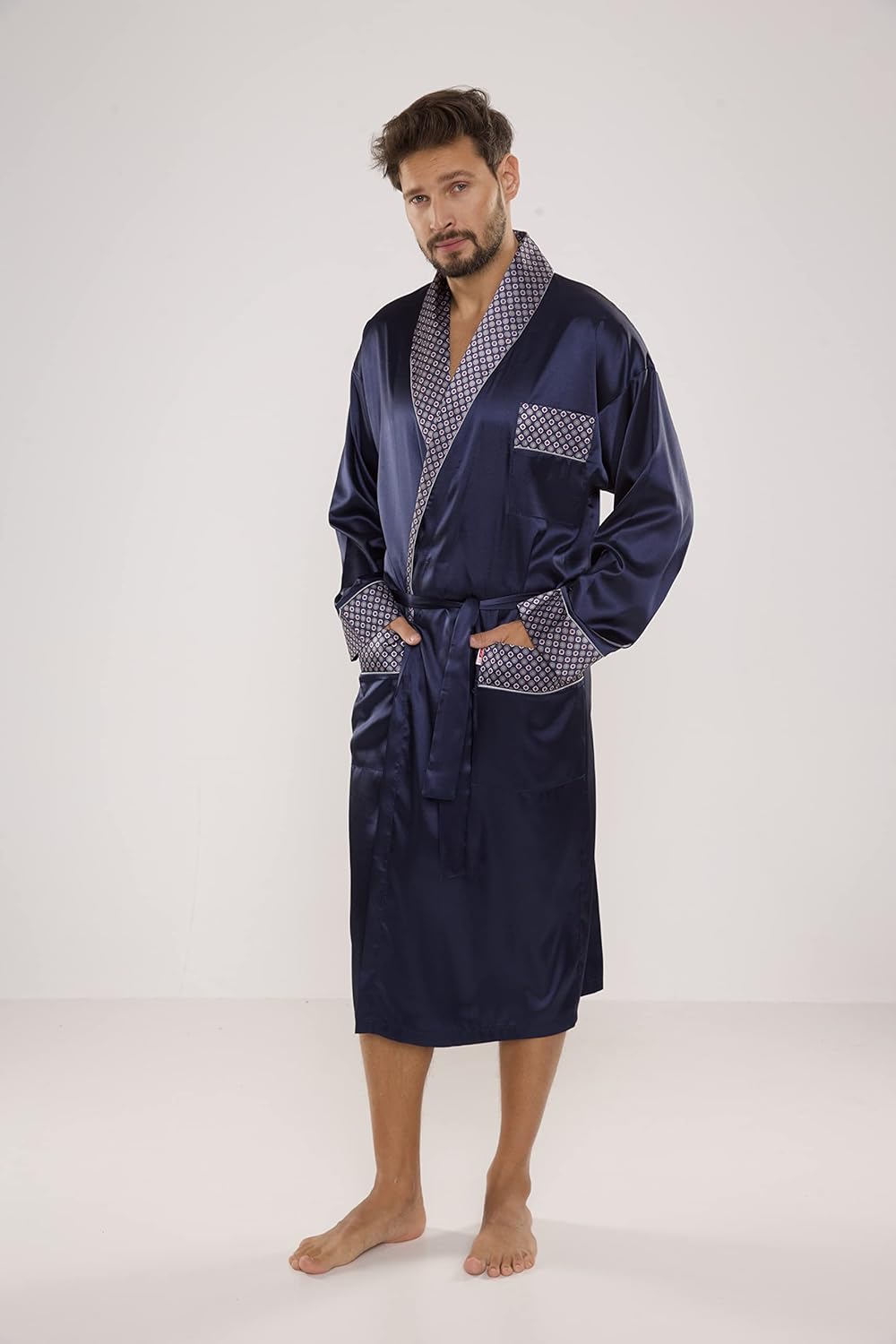 FOREX Lingerie edler und hochwertiger Satin-Bademantel Herren-Mantel im tollen Design L Marine, L Ma