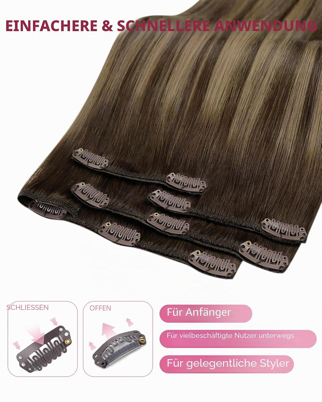 YoungSee Clip in Extensions Echthaar Ombre 30cm Echthaar Extensions Clip Dunkelbraun Balayage Karame