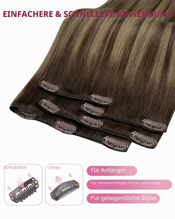 YoungSee Clip in Extensions Echthaar Ombre 30cm Echthaar Extensions Clip Dunkelbraun Balayage Karame