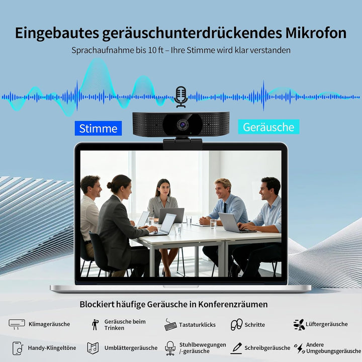 1080P Wireless Webcam für PC, Webcam mit geräuschreduzierendem Mikrofon, 92°FOV, 360° Drehung, Plug