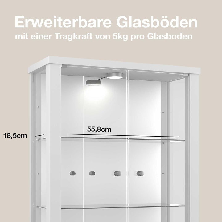 K-Möbel Hängevitrine in Weiss (80x60x25 cm) mit 2 höhenverstellbaren Glasböden & Spiegel - Modellaut