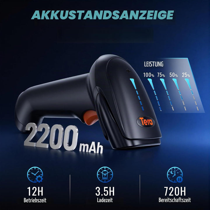 Tera Pro kabelloser 2D-Barcode-Scanner, Bluetooth, QR-Code-Leser mit Ständer, 2.200 mAh, schnelles u
