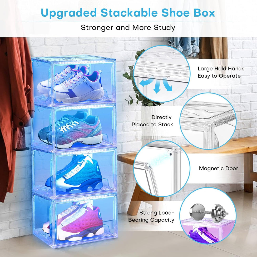 LED Schuhboxen Stapelbar, 2er Set, Schuh-Organizer aus Kunststoff, Schuhaufbewahrung Platzsparend, M