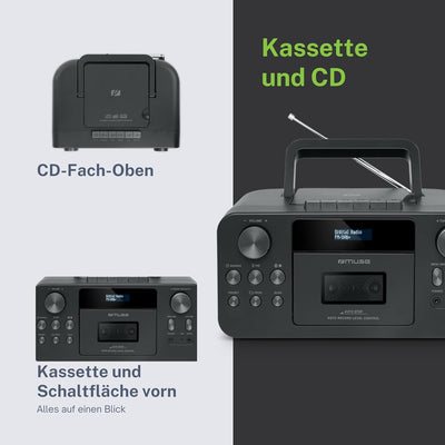 MUSE Tragbares DAB+ Radio mit Bluetooth CD-Player, Kassettenspieler, UKW, Kopfhörer-Eingang, AUX-In,