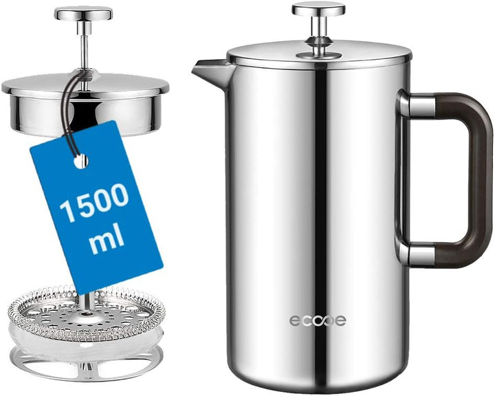 Ecooe 1.5L French Press Kaffee Doppelwandiger Kaffeebereiter aus 18/10 Rostenfrei Edelstahl mit 3 Fi