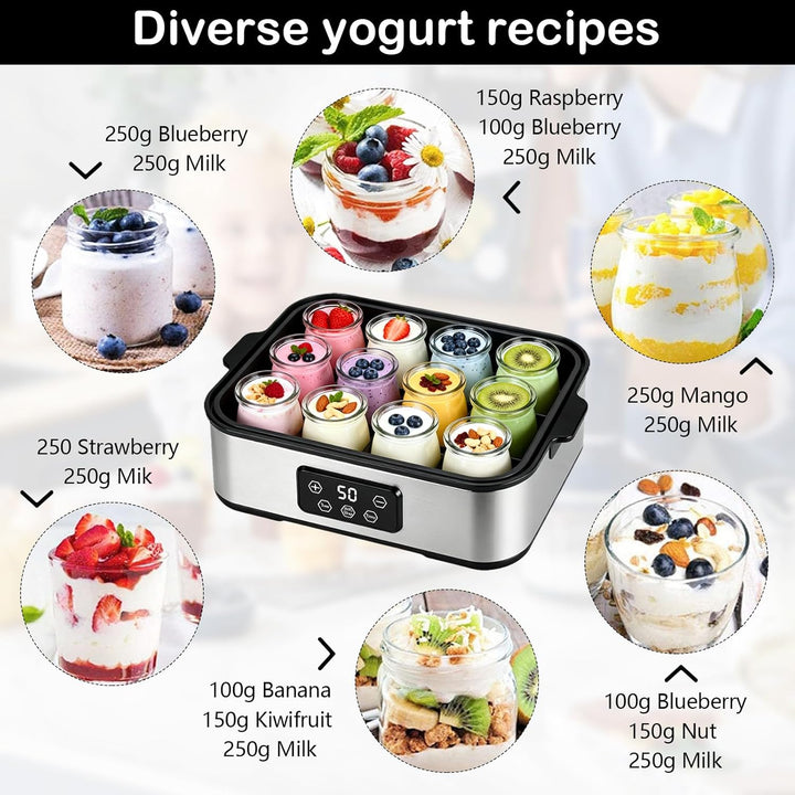 Joghurtbereiter 2200ml, Joghurt Machine mit 12 x 180ml Gläsern, Digitale Joghurtmaschine aus Edelsta