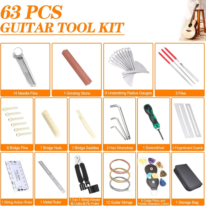 63 Stück Gitarren-Reparatur-Set, Gitarrenpflege-Reinigungs-Werkzeug-Set mit Sattel, Steg, Stimmgerät