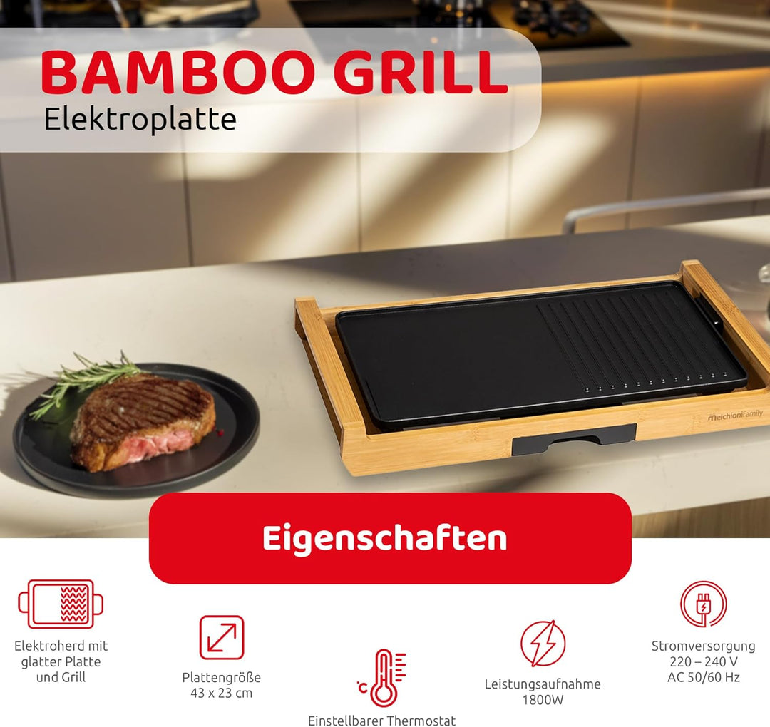 Melchioni Grill Elektrischer Grill, Bambus, Schwarz, Einheitsgrösse