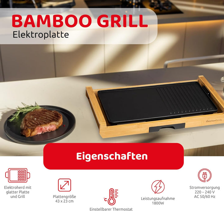 Melchioni Grill Elektrischer Grill, Bambus, Schwarz, Einheitsgrösse