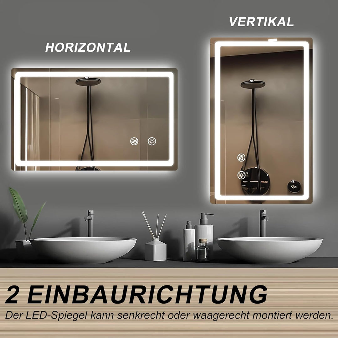 LED Badspiegel mit Beleuchtung 40x60cm, Wandspiegel für das Badezimmer mit Stecker, Touch-Schalter u