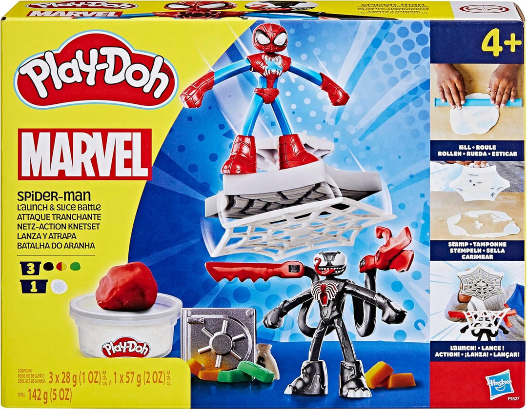 Play-Doh Marvel Spider-Man Netz-Action Set, 2 Spielfiguren und vielen Knetformen, 4 Dosen Modellierm