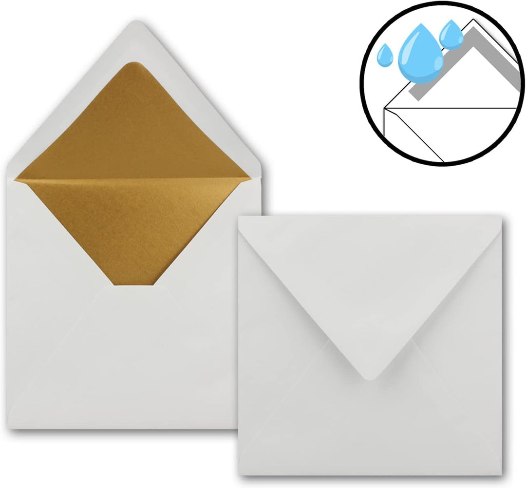 700 Quadratische Brief-Umschläge 16,5 x 16,5 cm in Weiss mit goldenem Seidenfutter - Nassklebung Bri