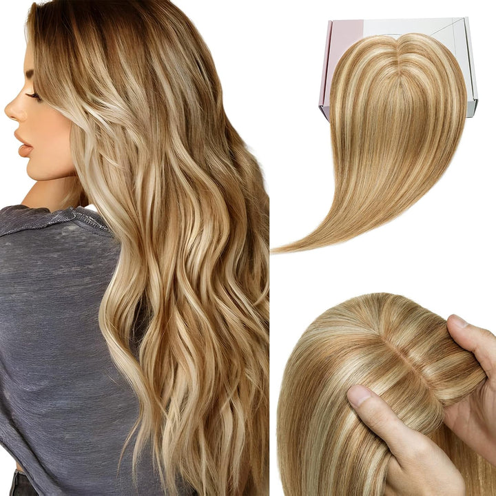 Elailite Clip in Toupet Frauen, Echthaar Topper, Seide Basis Clip in Extensions Haarteil 130% Dichte