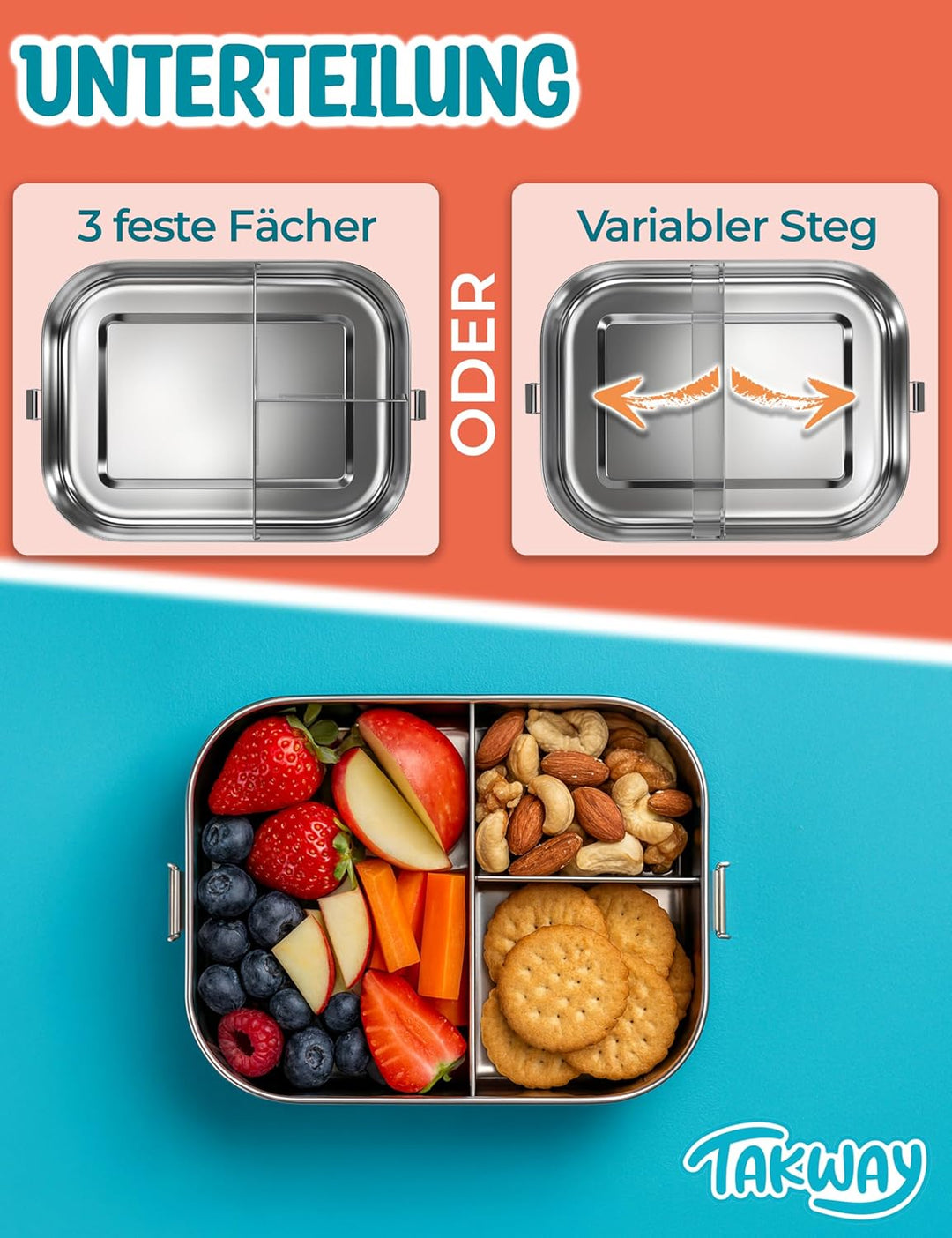 TAKWAY Edelstahl Brotdose Kinder mit Fächern 800ml | Auslaufsicher | Bento Box mit Unterteilung vari