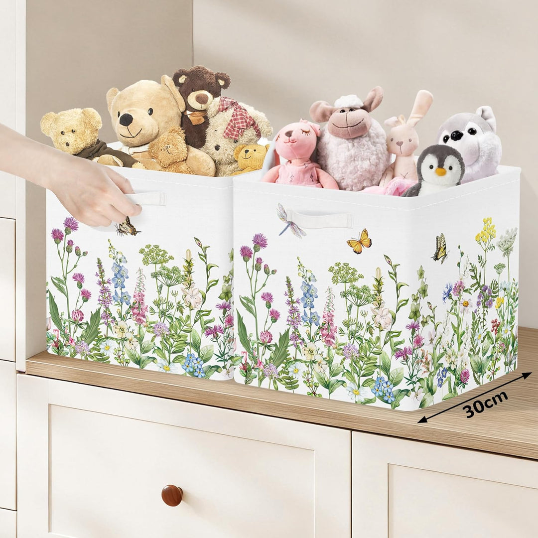 Clastyle 3 Stück Wildblumen Frauen Aufbewahrungsbox Stoff für Kallax Faltbar Aufbewahrungskorb Klein