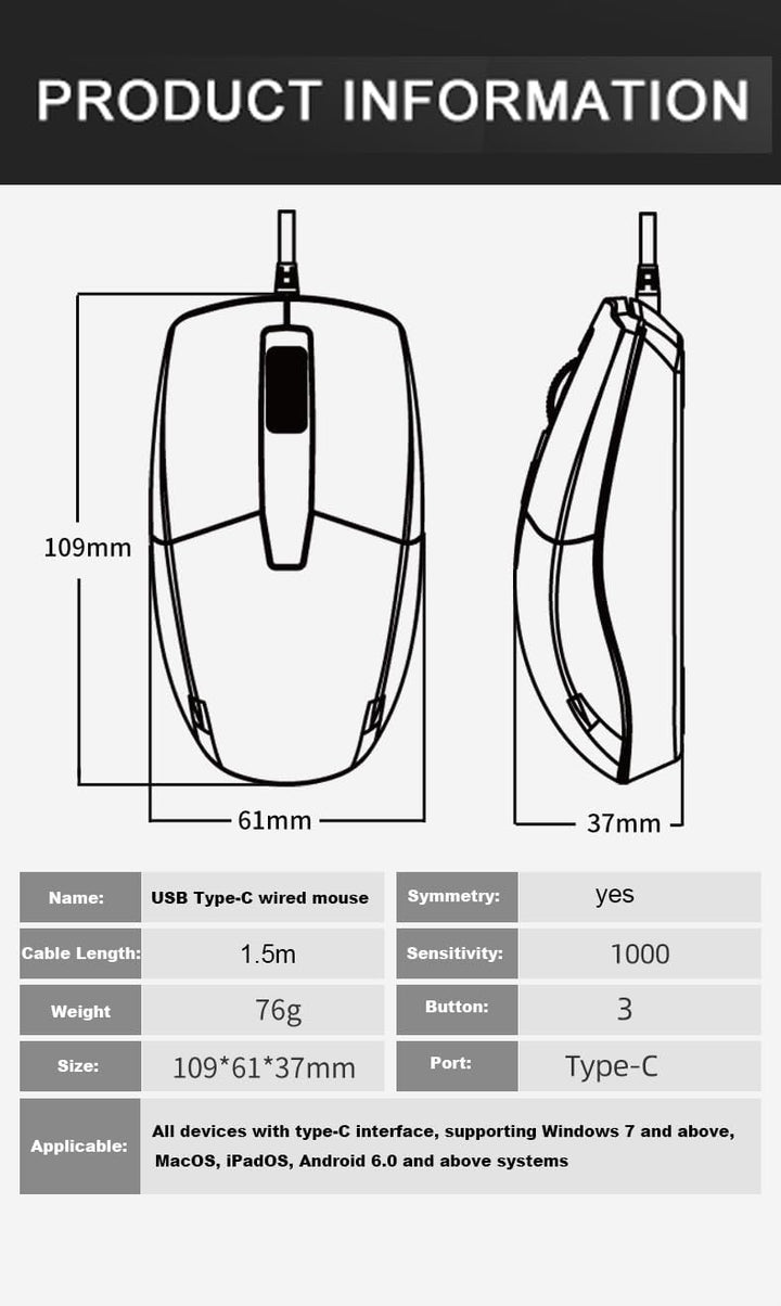 Kabelgebundene Maus USB C Geräuscharmes Klicken Optische Typ-C Mäuse mit 1.5m Kabel 1000 D-PI 3 Tast