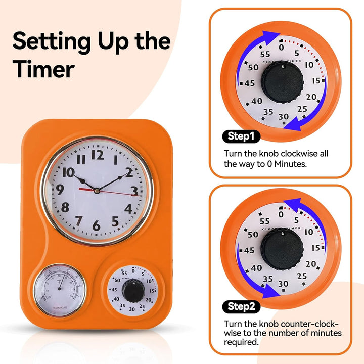 Lily's Home Retro Küchenuhr mit Temperatur und Timer (orange) Orange/Abendrot im Zickzackmuster (Sun